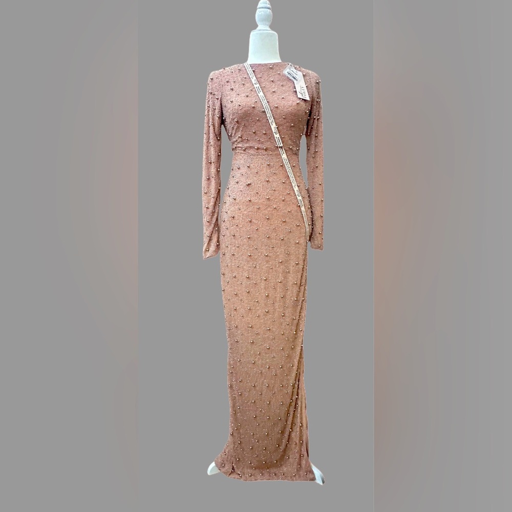 Oh Polly VIENNA Long Sleeve Embellished Backless Maxi Dress in Beige *RARE*